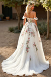 Off the Shoulder White Tulle A Line Embroidered Sweep Train Wedding Dress