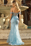 Blue Off the Shoulder Mermaid Corset Prom Dress