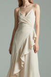 Beige V Neck Spaghetti Straps Ruched Long Formal Dress with Ruffles