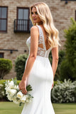 Ivory Mermaid Ruched V Neck Lace Wedding Dress with Slit