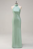 Agave Sheath Halter Satin Floor Length Bridesmaid Dress with Open Back