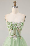Tiered Corset Strapless Green Prom Dress with Appliques