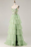 Tiered Corset Strapless Green Prom Dress with Appliques