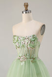 Tiered Corset Strapless Green Prom Dress with Appliques