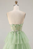 Tiered Corset Strapless Green Prom Dress with Appliques