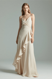 Beige V Neck Spaghetti Straps Ruched Long Formal Dress with Ruffles