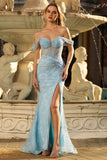 Blue Off the Shoulder Mermaid Corset Prom Dress