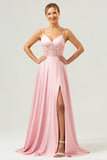 Elegant A-Line Green Satin Spaghetti Straps Corset Long Bridesmaid Dress with Slit