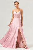 Elegant A-Line Green Satin Spaghetti Straps Corset Long Bridesmaid Dress with Slit