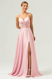 Elegant A-Line Green Satin Spaghetti Straps Corset Long Bridesmaid Dress with Slit