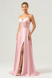 Elegant A-Line Green Satin Spaghetti Straps Corset Long Bridesmaid Dress with Slit