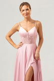 Elegant A-Line Green Satin Spaghetti Straps Corset Long Bridesmaid Dress with Slit