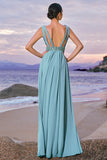 Sparkly Grey Green A-Line V Neck Cut Out Long Bridesmaid Dress with Sequins