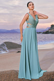 Sparkly Grey Green A-Line V Neck Cut Out Long Bridesmaid Dress with Sequins