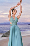 Sparkly Grey Green A-Line V Neck Cut Out Long Bridesmaid Dress with Sequins