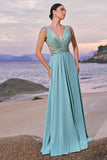 Sparkly Grey Green A-Line V Neck Cut Out Long Bridesmaid Dress with Sequins