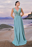 Sparkly Grey Green A-Line V Neck Cut Out Long Bridesmaid Dress with Sequins