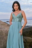 Glitter Grey Green A-Line Sequin Chiffon Long Bridesmaid Dress with Slit