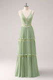 Green A-Line Spaghetti Straps Ruffled Floral Long Bridesmaid Dress with Lace