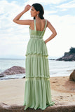 Green A-Line Spaghetti Straps Ruffled Floral Long Bridesmaid Dress with Lace
