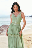 Green A-Line Spaghetti Straps Ruffled Floral Long Bridesmaid Dress with Lace