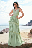 Green A-Line Spaghetti Straps Ruffled Floral Long Bridesmaid Dress with Lace