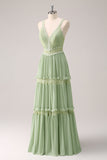 Green A-Line Spaghetti Straps Ruffled Floral Long Bridesmaid Dress with Lace