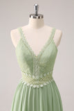 Green A-Line Spaghetti Straps Ruffled Floral Long Bridesmaid Dress with Lace