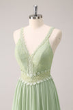 Green A-Line Spaghetti Straps Ruffled Floral Long Bridesmaid Dress with Lace