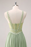 Green A-Line Spaghetti Straps Ruffled Floral Long Bridesmaid Dress with Lace