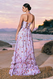 Grey Purple Flower A-Line Halter Ruched Corset Long Bridesmaid Dress with Slit