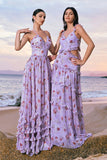 Grey Purple Flower A-Line Halter Ruched Corset Long Bridesmaid Dress with Slit