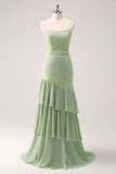 Green Sheath Ruffled Chiffon Long Bridesmaid Dress with Lace