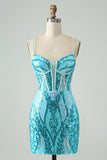 Sparkly Dark Purple Spaghetti Straps Corset Short Graduation Dress with Sequins