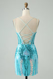 Sparkly Dark Purple Spaghetti Straps Corset Short Graduation Dress with Sequins