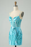 Sparkly Dark Purple Spaghetti Straps Corset Short Graduation Dress with Sequins