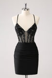 Sparkly Bodycon Spaghetti Corset Little Black Dress with Lace Up Back