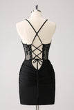 Sparkly Bodycon Spaghetti Corset Little Black Dress with Lace Up Back