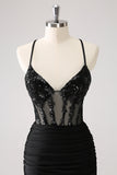 Sparkly Bodycon Spaghetti Corset Little Black Dress with Lace Up Back