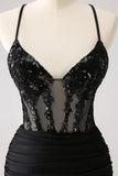 Sparkly Bodycon Spaghetti Corset Little Black Dress with Lace Up Back