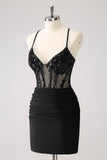 Sparkly Bodycon Spaghetti Corset Little Black Dress with Lace Up Back