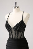 Sparkly Bodycon Spaghetti Corset Little Black Dress with Lace Up Back
