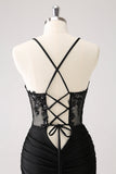 Sparkly Bodycon Spaghetti Corset Little Black Dress with Lace Up Back
