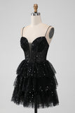 Sparkly Spaghetti Straps Tiered Little Black Dress with Sequins