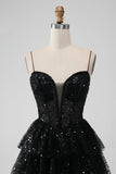 Sparkly Spaghetti Straps Tiered Little Black Dress with Sequins