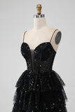 Sparkly Spaghetti Straps Tiered Little Black Dress with Sequins