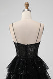 Sparkly Spaghetti Straps Tiered Little Black Dress with Sequins