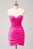 Fuchsia Sweetheart Corset Tight Short Prom Dress with Beading