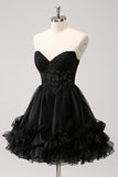 Cute A Line Corset Strapless Ruffled Little Black Dress