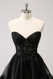 Cute A Line Corset Strapless Ruffled Little Black Dress